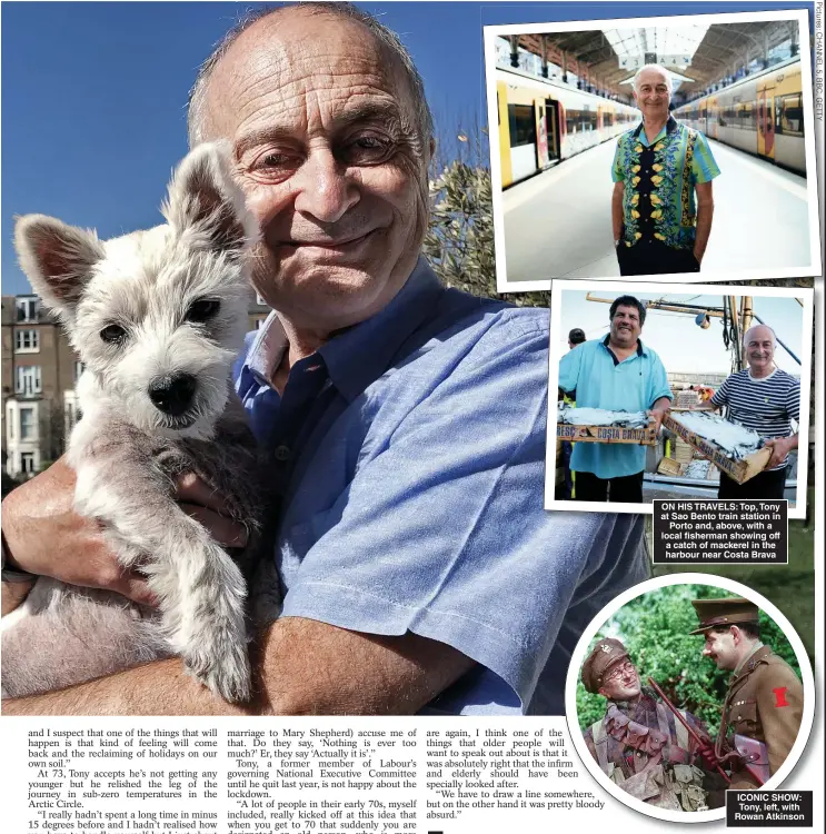  ??  ?? ON HIS TRAVELS: Top, Tony at Sao Bento train station in Porto and, above, with a local fisherman showing off a catch of mackerel in the harbour near Costa Brava
ICONIC SHOW: Tony, left, with Rowan Atkinson