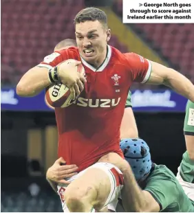  ??  ?? > George North goes through to score against Ireland earlier this month
