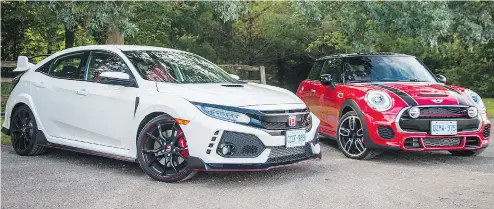  ?? NICK TRAGIANIS / DRIVING. CA ?? The 2017 Honda Civic Type R, right, vs. Mini Cooper JCW 3 Door.