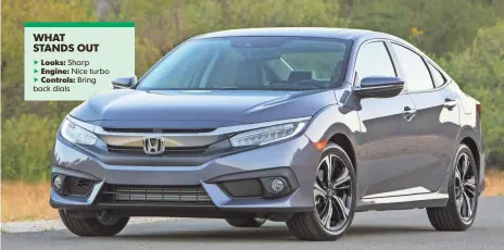  ?? HONDA ?? Honda has sharpened the looks of its Civic sedan, giving it a lengthened hood, which denotes power, and a swept-back rear.
