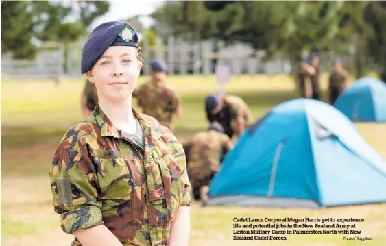  ?? Photo / Supplied ?? Cadet Lance Corporal Megan Harris got to experience life and potential jobs in the New Zealand Army at Linton Military Camp in Palmerston North with New Zealand Cadet Forces.