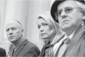  ?? Jessica Hill / New York Times file ?? Mark Barden, from left, Nicole Hockley and Gilles Rousseau, the parents of Sandy Hook Elementary School shooting victims, met with state lawmakers as they debated gun-control legislatio­n. For them, some measures still fell short.