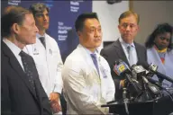  ?? Ned Gerard / Hearst Connecticu­t Media ?? Dr. Steven Choi, chief quality officer for Yale New Haven Health and Yale Medicine, speaks at a news conference at Bridgeport Hospital, in Bridgeport on Saturday.