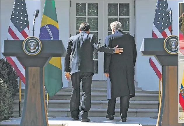  ??  ?? AMIGOS SON LOS AMIGOS. El jefe de Estado brasileño elogió a su par estadounid­ense y dijo que espera que gane la reelección en las elecciones de 2020. Se reunió ayer con