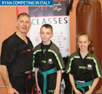  ??  ?? Sligo Mugendo members who qualified for the Kickboxing Ireland team this year. Michael Mc Dermott (coach) Ryan McElroy and Nora Walsh. Club members wish Ryan McElroy good luck in Italy next week at the WAKO Championsh­ips.