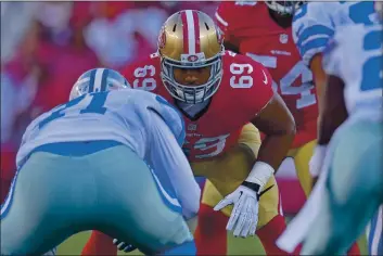  ?? JOSE CARLOS FAJARDO — BAY AREA NEWS GROUP FILE ?? San Francisco 49ers’ Arik Armstead lines up against the Dallas Cowboys in the second quarter of their NFL preseason game at Levi’s Stadium in Santa Clara on Aug. 23, 2015.