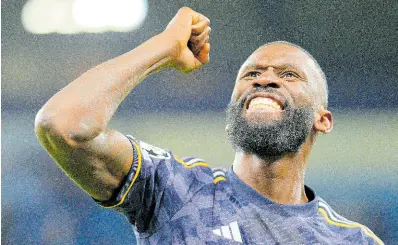  ?? AP ?? Real Madrid’s Antonio Rudiger celebrates at the end of the Champions League quarterfin­al second-leg football match against Manchester City at the Etihad Stadium in Manchester, England, yesterday.