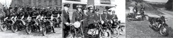  ??  ?? ABOVE L-R Ratier-mounted Garde Republicai­ne in 1955; At a British Fair in Paris – Ratier C6S with French police riders, and a London bus with drivers; Ratier-mounted French police c.1958; Claude Douniaux at Monthlery in 1966 with his Ratier 600 racer.