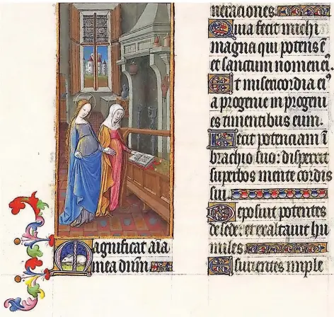  ?? FOTO: AWG ?? Das „Magnificat“im Stundenbuc­h des Herzogs von Berry mit dem Besuch Mariens bei ihrer Cousine Elisabeth.