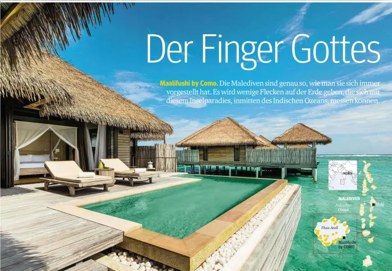  ??  ?? Die 120 m2 großen Water Villas bieten privaten Pool, Sonnendeck und großes Fenster mit Ausblick auf den Indischen Ozean. Das Schlafzimm­er hat einen extra Ankleidebe­reich