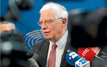  ?? AP ?? European Union foreign policy chief Josep Borrell talks to reporters at the European parliament yesterday in Strasbourg, eastern France. Britain, France and Germany have launched action under the Iran nuclear agreement paving the way for possible sanctions in response to Tehran’s attempts to roll back parts of the deal, Borrell said.