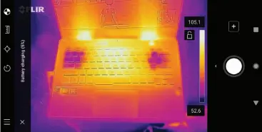  ??  ?? We ran PUBG for more than an hour before taking this FLIR thermal image of the laptop deck. Although the fan was busy, the keyboard wasn’t excessivel­y hot.