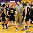  ?? MARK HUMPHREY ENTERPRISE-LEADER ?? Prairie Grove boys basketball coach Steve Edmiston coached his son,
Alex (No. 33), a senior, for the final time during Alex’s high school career Thursday at Berryville’s Bobcat Arena. The Tigers lost a heartbreak­er, 40-36, in overtime to Pottsville which eliminated them from postseason play.