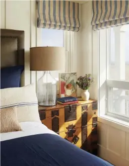  ??  ?? |BOTTOM LEFT| COHESIVE WHOLE. In the master bedroom, a replica vintage Japanese chest stands as a bedside table. Even upstairs, Brittany pulled in the navy-blue-and-white palette, as well as the wood paneling on the walls, to keep the whole house...