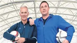  ??  ?? Malky Mackay, right, with Jim Fleeting at yesterday’s coaching session at Oriam in Edinburgh.