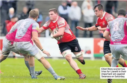  ??  ?? Elliot Rees scored two tries for Llanelli in their important win against Swansea on Saturday.