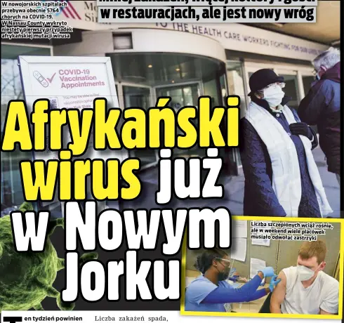  ??  ?? W nowojorski­ch szpitalach przebywa obecnie 5764 chorych na COVID-19. W Nassau County wykryto niestety pierwszy przypadek afrykański­ej mutacji wirusa