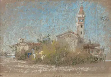  ??  ?? James Mcneill Whistler (1834-1903), Campanile at Lido, 1879. Pastel and charcoal on brown paper, 8 x 117⁄8 in.