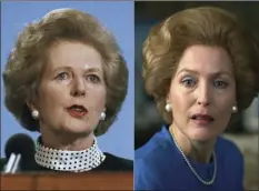  ?? LEFT, AND NETFLIX
AP PHOTO, ?? This combinatio­n of photos shows Gillian Anderson, portraying Margaret Thatcher in a scene from the fourth season of “The Crown,” right, and Margaret Thatcher in Scarboroug­h, England on March 18, 1989. Season four premieres on Sunday.