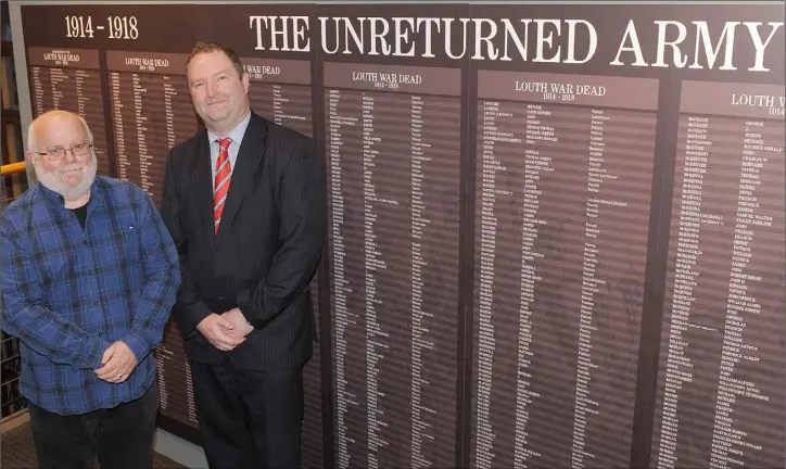  ??  ?? Dr. Donal Hall and Brian Walsh, Curator, County Museum, Dundalk at ‘Their Story’ Ireland, the Somme & World War 1 Exhibition in Dundalk Museum.