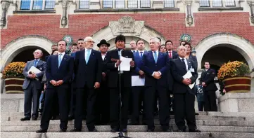  ??  ?? Morales reacts outside the Internatio­nal Court of Justice, the UN’s highest court for disputes between states, after the ruling on a dispute between Bolivia and neighbour Chile on access to the Pacific Ocean, in The Hague, the Netherland­s. — Reuters photo