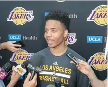  ?? GREG BEACHAM/THE ASSOCIATED PRESS ?? Markelle Fultz speaks with reporters on Thursday in El Segundo, Calif. The University of Washington guard could be the No. 1 pick in the NBA draft.
