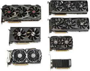  ??  ?? De drie Radeon-kaarten (links) van onze bouwvoorst­ellen vielen in sommige gevallen op door het hoge idle energiever­bruik. De vier GeForce-kaarten vertoonden allemaal diverse problemen.