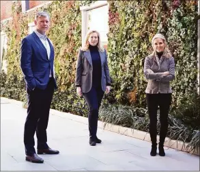  ?? Tyler Sizemore / Hearst Connecticu­t Media file photo ?? Oak HC/FT co-founders and managing partners Andrew Adams, left, Patricia Kemp, center, and Annie Lamont stands outside their firm’s then-offices at Pickwick Plaza in Greenwich on March 8, 2021. The venture capital firm has relocated its offices to 2200 Atlantic St. in Stamford.