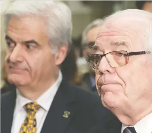  ?? PIERRE OBENDRAUF FILES ?? Beaconsfie­ld Mayor Georges Bourelle, right, and Montreal West Mayor Beny Masella, pictured in 2018. The Associatio­n of Suburban Mayors says the basis for determinin­g the quota shares of the demerged municipali­ties is inequitabl­e and it objects to the way costs for agglomerat­ion services are allocated.