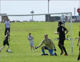  ??  ?? Carbury goalkeeper Mark Rooney looks on in dismay as West Utd score the winner, while young West fans celebrate behind him.