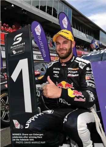  ?? PHOTO: DAVID MARIUZ/AAP ?? WINNER: Shane van Gisbergen celebrates after winning Race 2at the Adelaide 500.