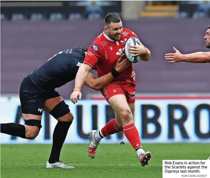  ?? HUW EVANS AGENCY ?? Rob Evans in action for the Scarlets against the Ospreys last month.
