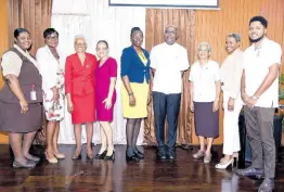  ?? ANTOINE LODGE ?? From left: Denise McGowan, final-year secondary mathematic­s student; Kerry-Ann Ennis Henry, acting research officer; Elogene McEachin, dean of Faculty; Dr Jacqueline Chen, VP of Administra­tions; Winsome Francis, principal; Rev Fr Kingsley W. Asphall, chaplain and board chair; Sister Teresita Desousa, board member, Order of Fransicon Sisters of Allegany; . Allison Lambert. VP of Academics, and Alex Hepburn, first-year primary education student at the St Joseph’s Teachers’ College Research Day, held on April 16 on the school grounds.