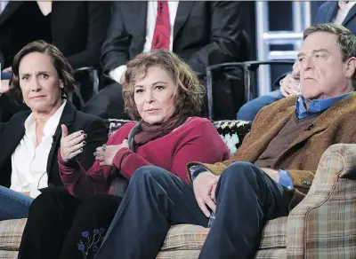  ?? RICHARD SHOTWELL/THE ASSOCIATED PRESS ?? Typically, when a show gets cancelled, its principals — in this case Laurie Metcalf, left, Roseanne Barr and John Goodman — may receive a degree of protection and severance. But lower-level staffers may face unemployme­nt or a lack of jobs in an...