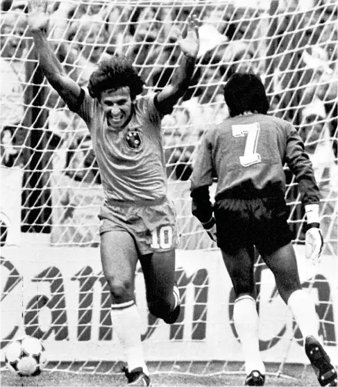  ??  ?? JULY ’92: Brazilian midfielder Zico jubilates after scoring the first goal for his team as Argentinan goalkeeper Ubaldo Fillol watches, in Barcelona during the World Cup second round soccer match between Brazil and Argentina. Brazil beat Argentina 3-1