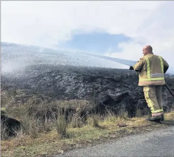  ??  ?? A firefighte­r tackles the blaze on the Roaches last August.