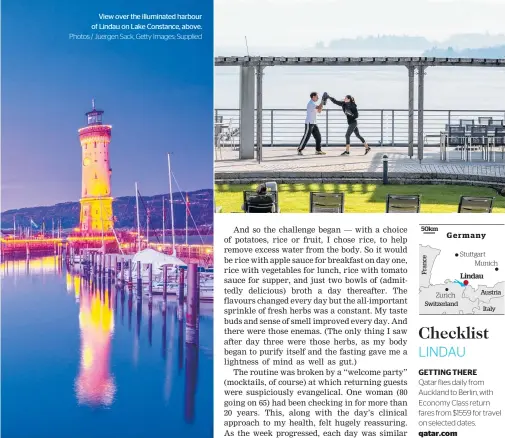  ?? Photos / Juergen Sack, Getty Images; Supplied ?? View over the illuminate­d harbour of Lindau on Lake Constance, above.