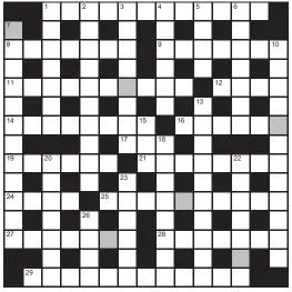  ?? ?? No 16,977
FOR your chance to win, solve the crossword to reveal the word reading down the shaded boxes. HOW TO ENTER: Call 0901 293 6233 and leave today’s answer and your details, or TEXT 65700 with the word CRYPTIC, your answer and your name. Texts and calls cost £1 plus standard network charges. Or enter by post by sending completed crossword to Daily Mail Prize Crossword 16,977, PO Box 28, Colchester, Essex CO2 8GF. Please include your name and address. One weekly winner chosen from all correct daily entries received between 00.01 Monday and 23.59 Friday. Postal entries must be date-stamped no later than the following day to qualify. Calls/texts must be received by 23.59; answers change at 00.01. UK residents aged 18+, excl NI. Terms apply, see Page 54.