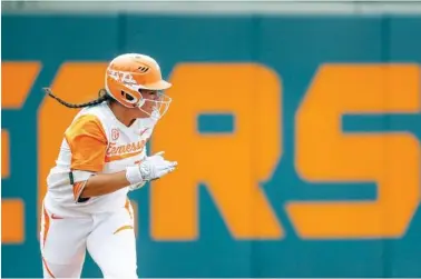  ?? PHOTO BY AUSTIN PERRYMAN/TENNESSEE ATHLETICS ?? Tennessee junior Meghan Gregg runs the bases during a game against Longwood last Friday in an NCAA regional at Lee Stadium in Knoxville. After hosting the SEC tournament and the first round of the NCAA postseason, the Vols are home again this weekend...