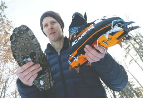  ?? JEAN LEVAC ?? Stuart Rickard took part in a 2018 expedition to climb B.C.'s Mount Waddington, filmed for a documentar­y called Mystery Mountain. He is showing the difference in modern and older gear as the team tried to replicate a climb by Don and Phyllis Munday using gear from the 1920s.