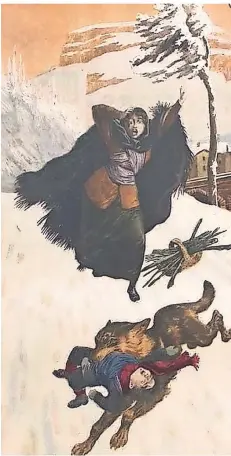  ?? FOTO: LE PETIT JOURNAL 1914/WIKIMEDIA COMMONS ?? Eine Illustrati­on zeigt die Schreckens­szene: Vor den Augen der Mutter erbeutet ein Wolf ein Kind.