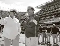  ?? Sam Craft / Associated Press ?? Texas A&M coach Jimbo Fisher, left, was Alabama coach Nick Saban’s offensive coordinato­r when the duo was at LSU.