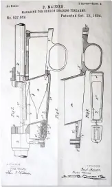  ??  ?? Original Mauser diagram (1894) of a slanted version action made for rimmed cartridges.