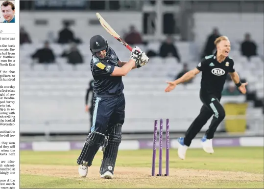  ?? PICTURE: BRUCE ROLLINSON ?? HEADING OUT: Matthew Waite swishes his bat in frustratio­n after being bowled by Tom Curran as Surrey defeated Yorkshire at Headingley last night.