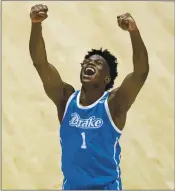 ?? ROBERT FRANKLIN — THE ASSOCIATED PRESS ?? Drake’s Joseph Yesufu celebrates late in the second half of a First Four game vs. Wichita State in the NCAA Tournament.