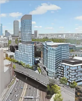  ?? RENDERINGC­OURTESYOFM­ASSDOT ?? NO MORE WAITING: The state Department of Transporta­tion board voted yesterday to authorize a 99-year lease with a Newton developer, clearing the way for the first phase of a $590 million mixed-use project over the Mass Pike.