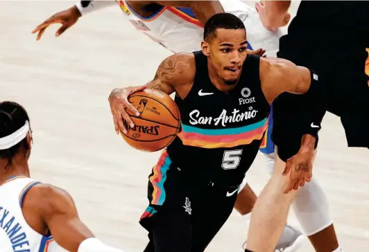  ?? Shane Bevel / Getty Images ?? Dejounte Murray (5) is eager to take on the Thunder again after getting fined for his actions following a last-second loss last week in Oklahoma City.