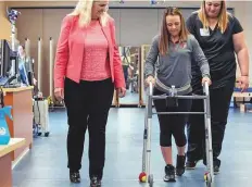  ?? Courtesy: Tom Fougerouss­e/University of Lousiville ?? It took Kelly Thomas 15 weeks, and 81 sessions of electrical stimulatio­n to learn to walk again.