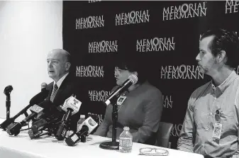  ?? John Tedesco / Staff ?? Dr. David Callender, president and CEO of Memorial Hermann Health System, Dr. Angela Shippy, chief medical and quality officer, and Dr. John Butler, infectious diseases expert, address public safety and privacy.