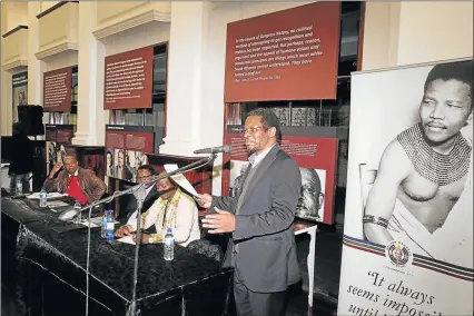  ?? Picture: LULAMILE FENI ?? SALUTING THE STALWARTS: University of Fort Hare’s former vice-chancellor, Dr Mvuyo Tom, makes a presentati­on during an academic dialogue in honour of the leadership of former ANC presidents Nelson Mandela and Oliver Tambo held at the Nelson Mandela Museum